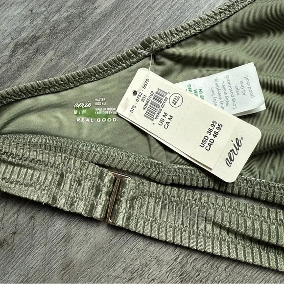 Aerie Ribbed Halter Bikini Top Plunge Adjustable Olive NEW Swim - Picture 4 of 8